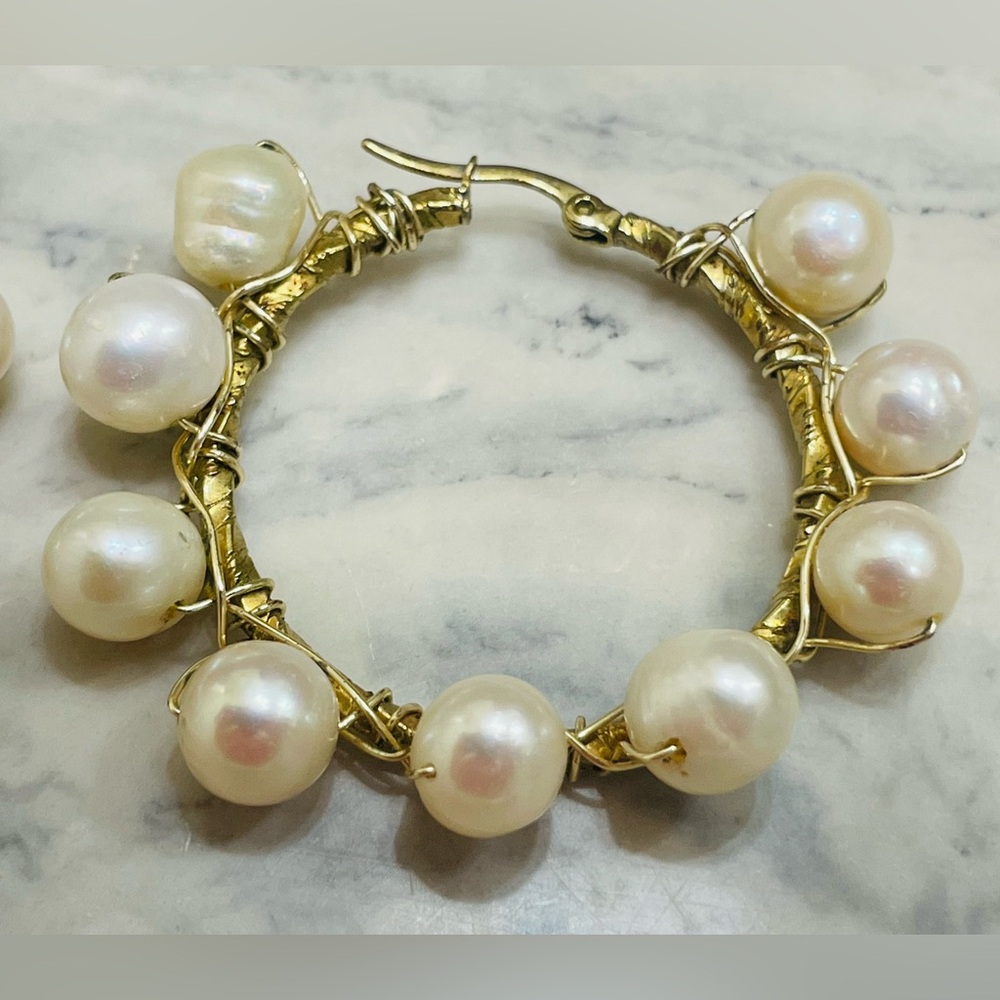 Handmade Pearl Hoop Earrings Gold Tone Artisan Wire Wrapped Statement Jewelry - Picture 7 of 14